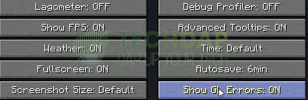 Disabling the "Show GL Errors" button to rectify the Opengl Error 1286 in Minecraft