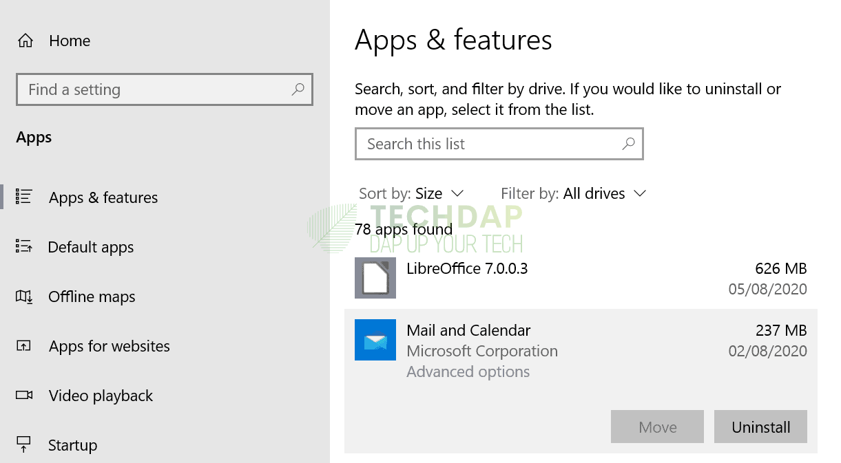 Clicking on the "Apps & Features" button on the left side