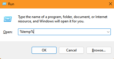 Launching the "Temporary" folder by typing "temp" in the command prompt