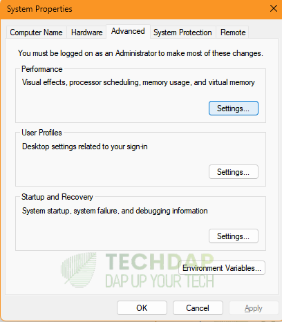 Clicking on "System properties" settings.