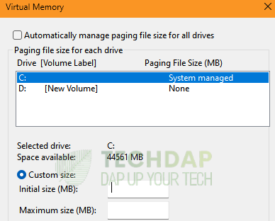Adding in the "Initial Size" and "Max Size" for the Paging File Memory to fix Not Enough Memory Resources are Available to Complete this Operation
