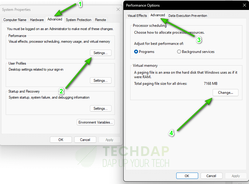 Selecting the Change Virtual Memory option from settings
