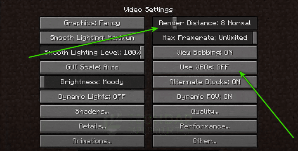 Turning off VBO and changing Render Distance to 4 to fix Minecraft PE Crashing